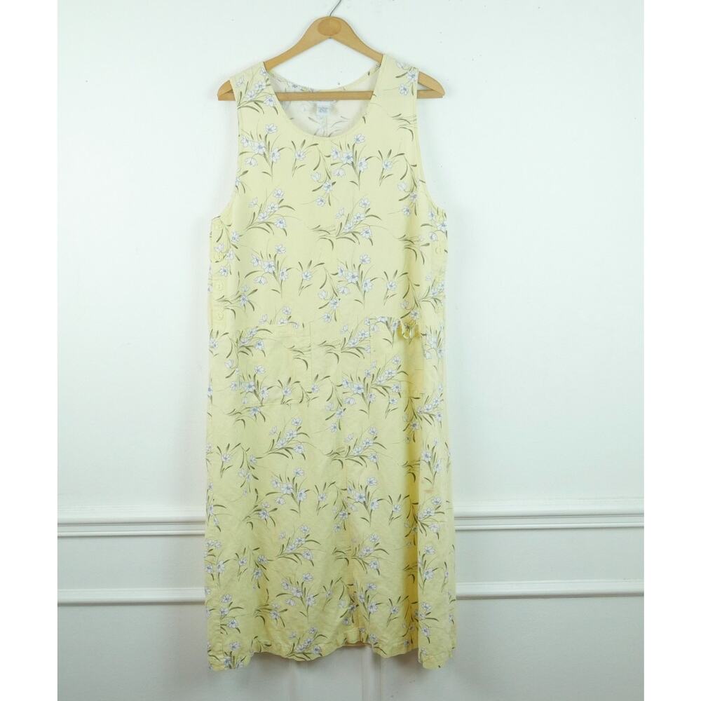 Vintage 90s Linen Blend Dress Large Butter Yellow Dainty Floral Maxi Cottagecore - Picture 3 of 7